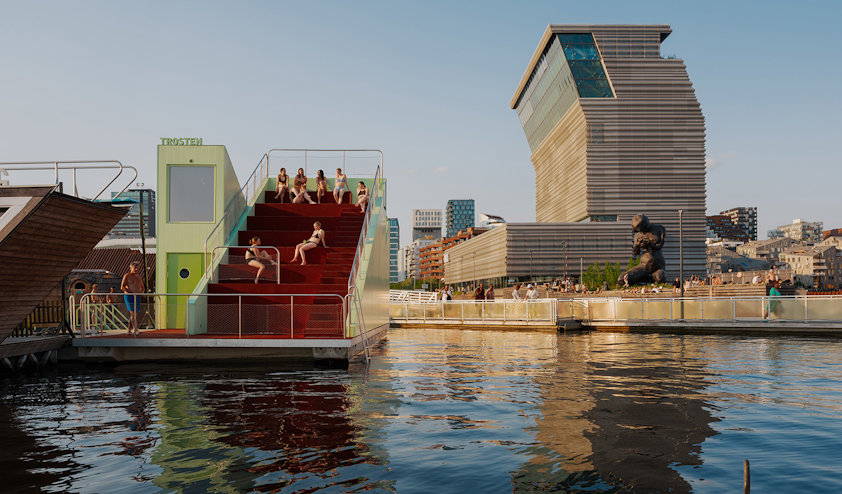 a group of people on a floating sauna